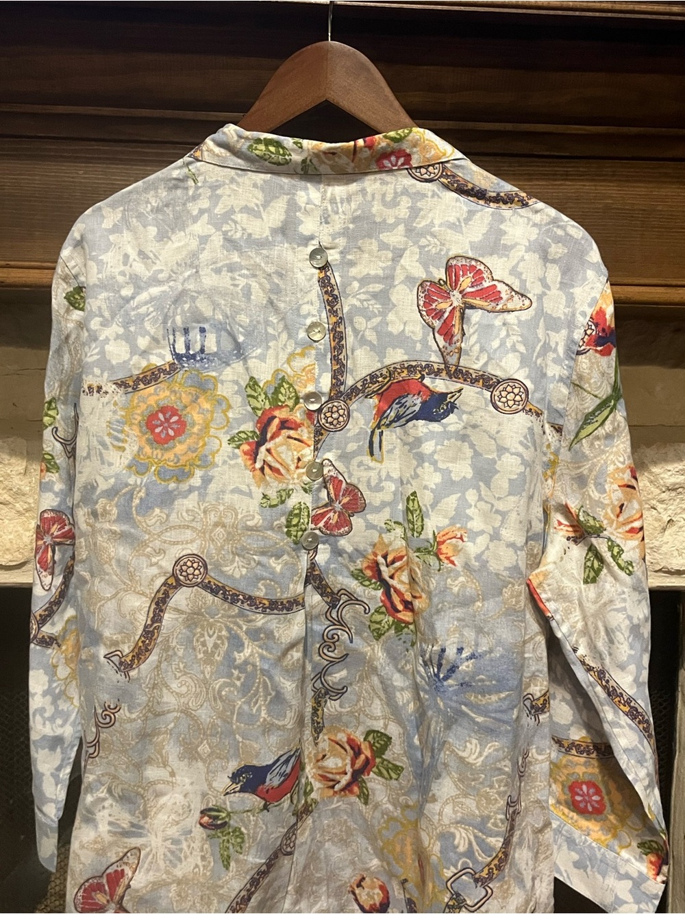 John Mark Linen Butterfly Floral Tunic Blouse Size L - Picture 4 of 7